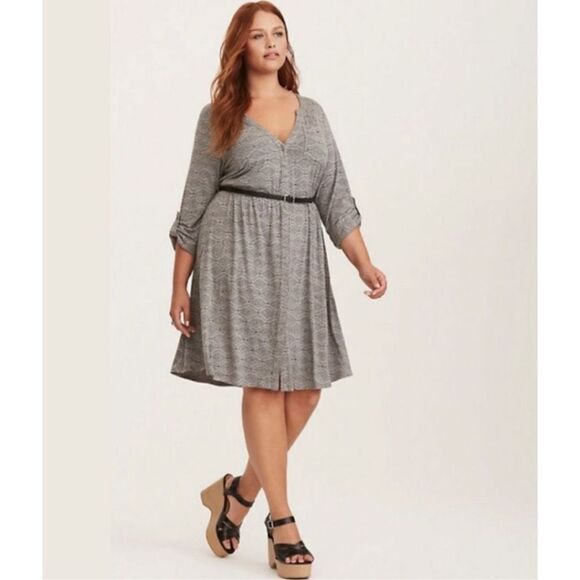 Torrid 4x Gray Geo Print Button Front Midi Shirt Dress Roll Tab Sleeve Plus Sz 3 - Picture 1 of 7